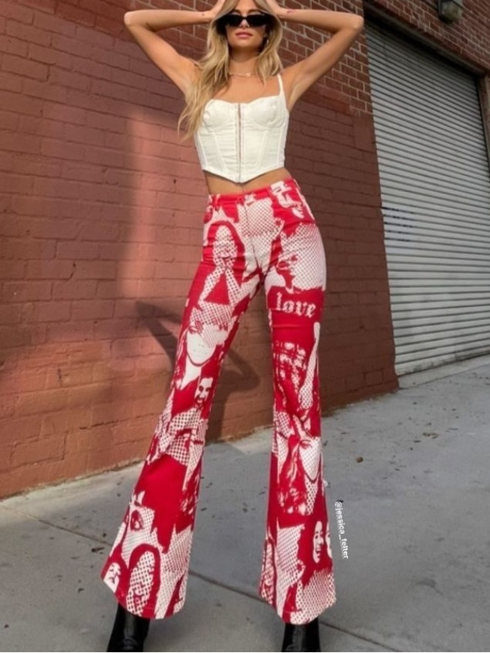 NWT Edikted Red and Cream Andy Graphic Print Flare Jeans XS